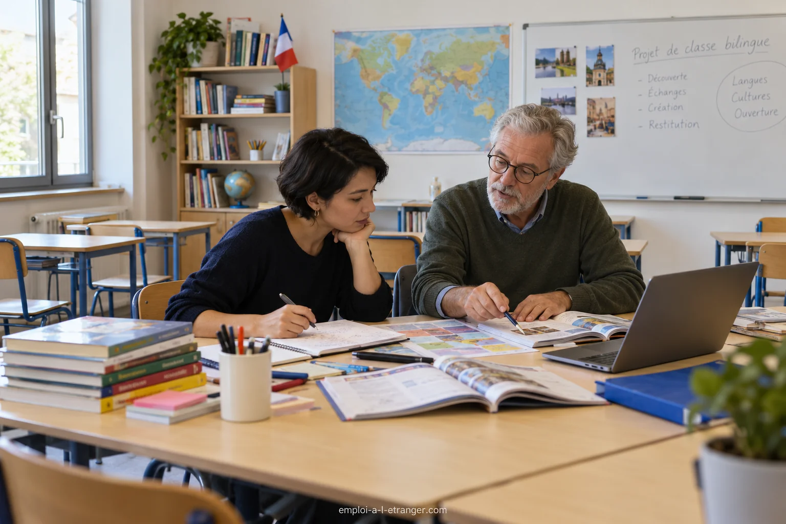 Deux enseignants préparant une activité bilingue dans une salle de classe vide d’un établissement français à l’étranger.
