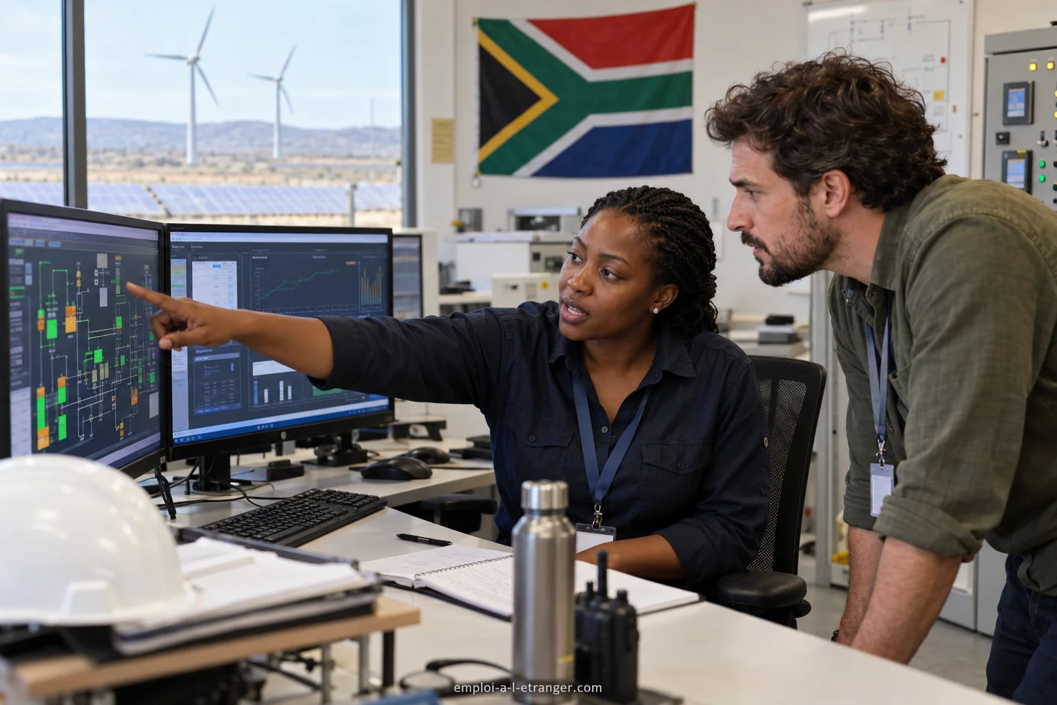 Ingenieurin und Kollege prüfen ein Energiebedienfeld in Südafrika