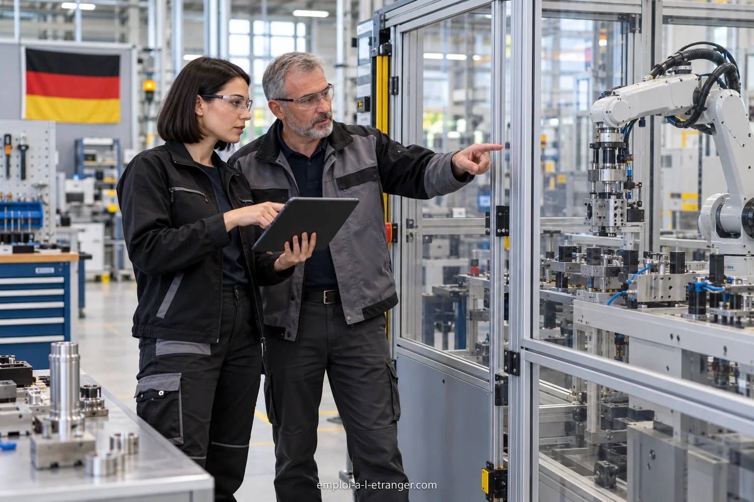 Ingenieurin und Techniker prüfen eine gesicherte Roboterzelle in Deutschland
