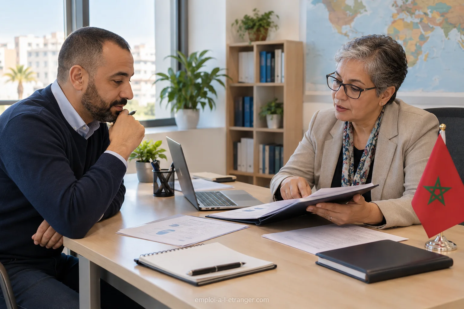 Candidat et conseillère expérimentée analysant un dossier de compétences professionnelles dans une agence pour l’emploi.