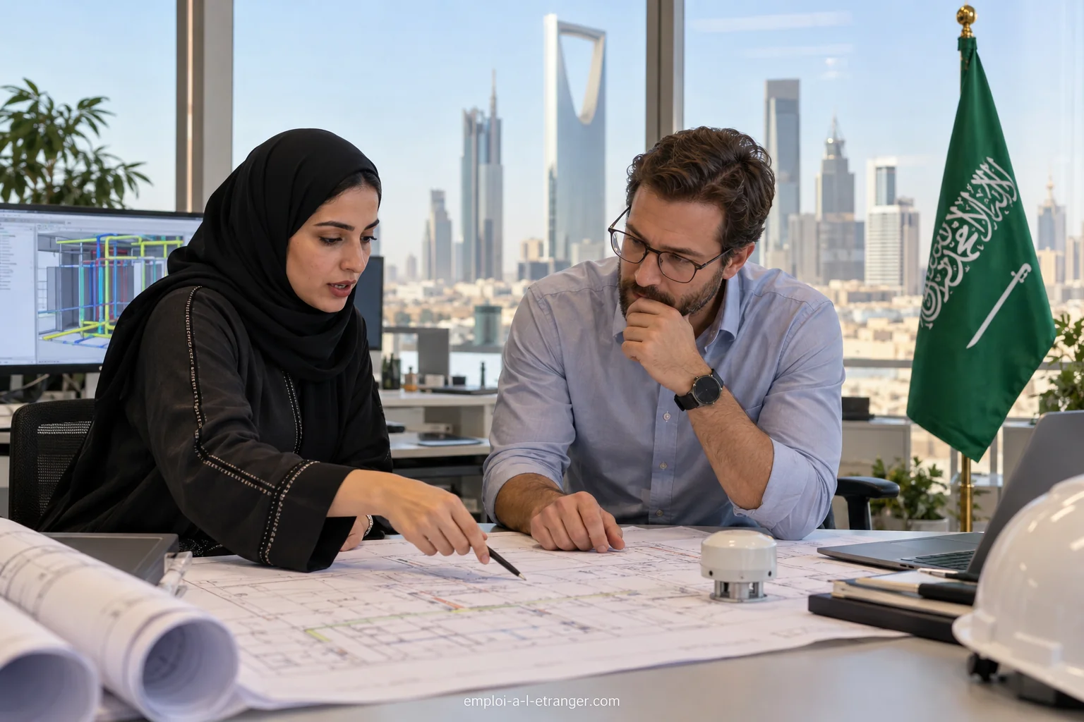 Ingenieurin und Kollege planen in einem Büro in Riad eine Energieeffizienzprüfung