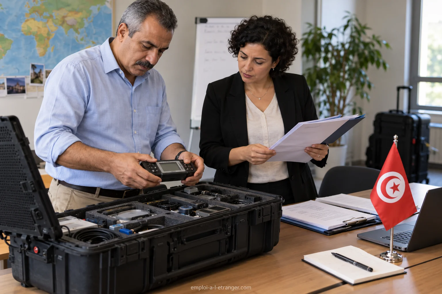 Expert technique et coordinatrice préparant du matériel en mallette pour une mission.