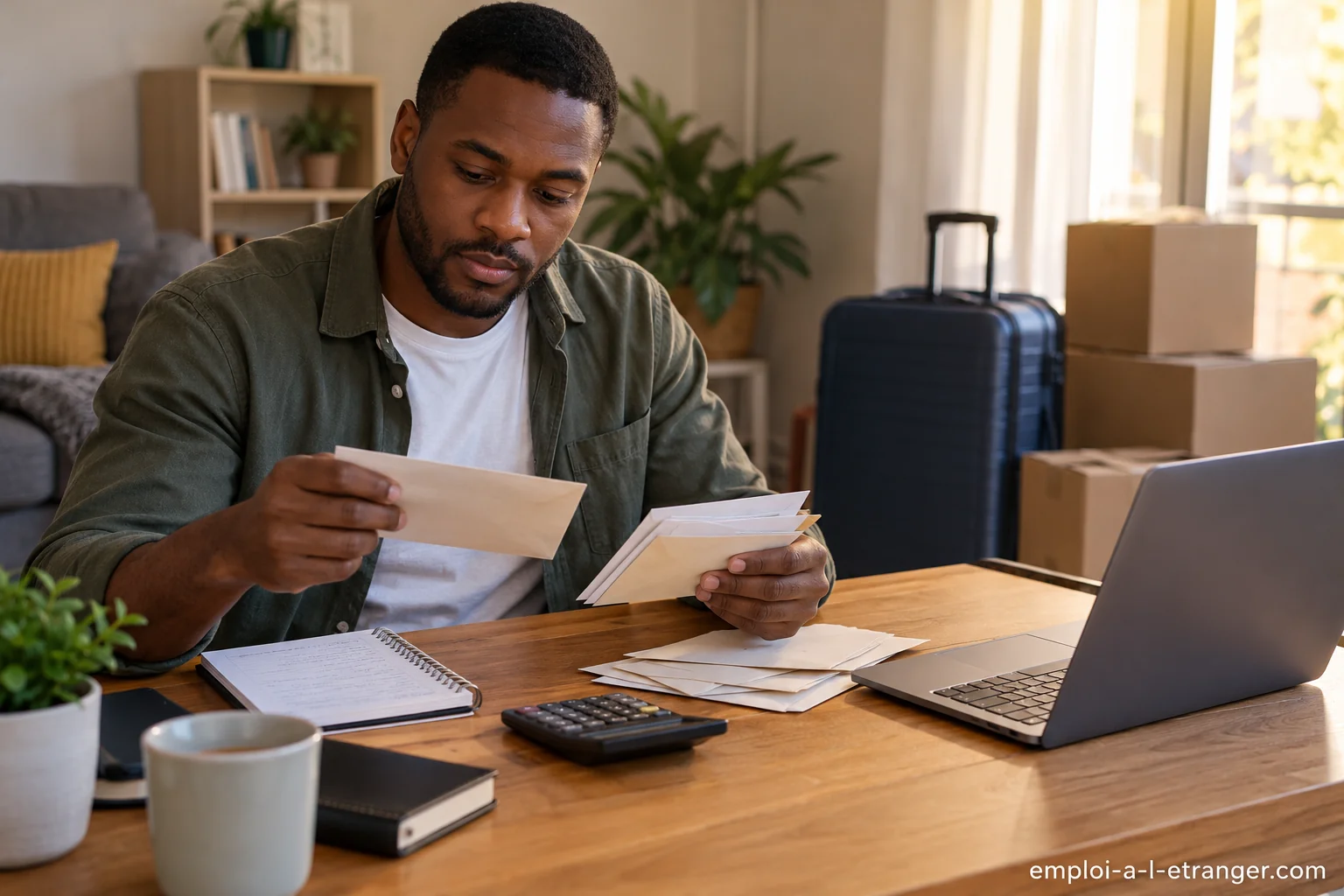 Preparation of a departure budget with a calculator, envelopes and a suitcase in the background.