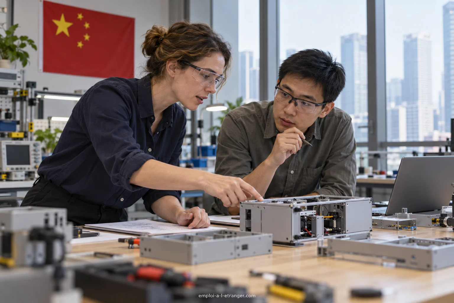 Zwei Ingenieure begutachten in einem Labor in China einen Prototyp und besprechen die Ergebnisse der Prüfung.