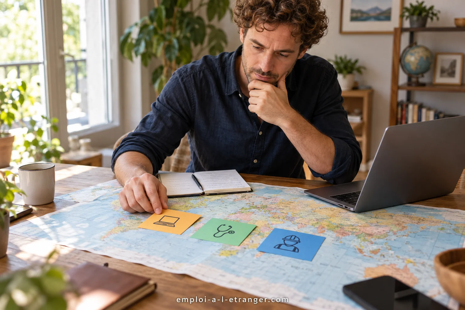 Pessoa a comparar destinos e profissões com um mapa e fichas ilustradas espalhadas sobre uma mesa.