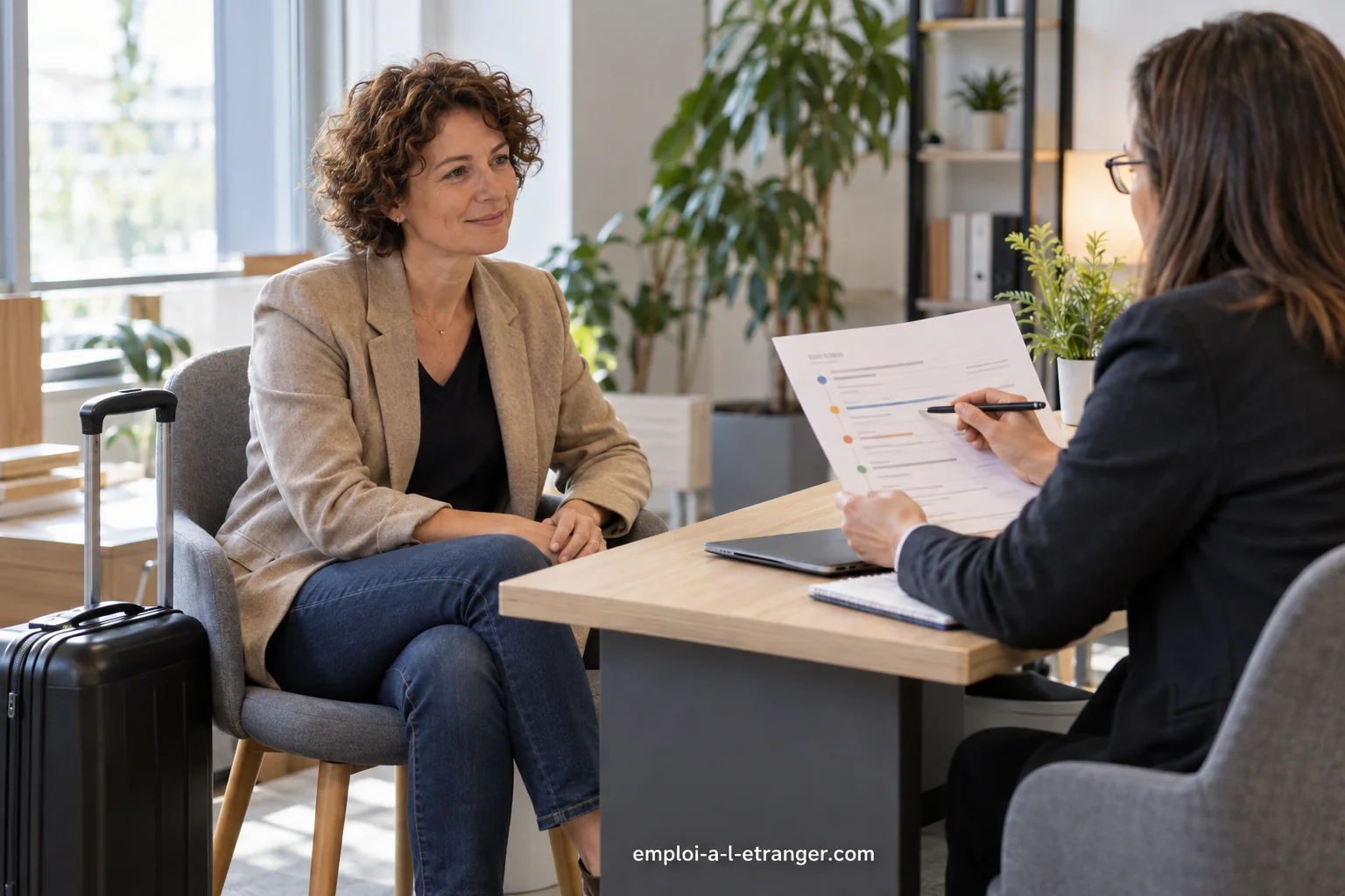 Professionnelle de retour en France faisant le point sur son parcours lors d’un entretien.