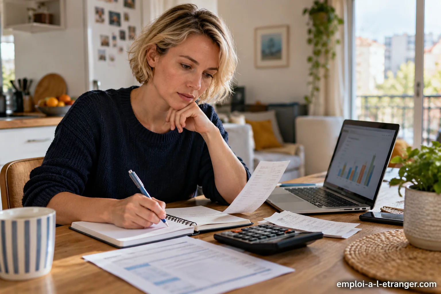 Comparaison d’un salaire et des dépenses avec une calculatrice, des reçus et un graphique.