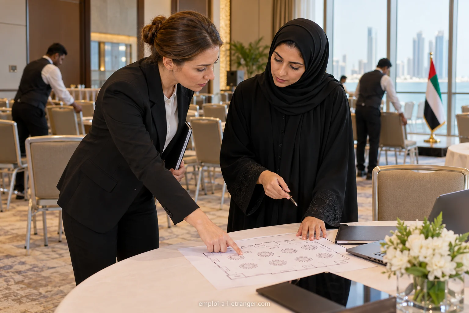 Professionals reviewing a conference room layout in an Abu Dhabi hotel