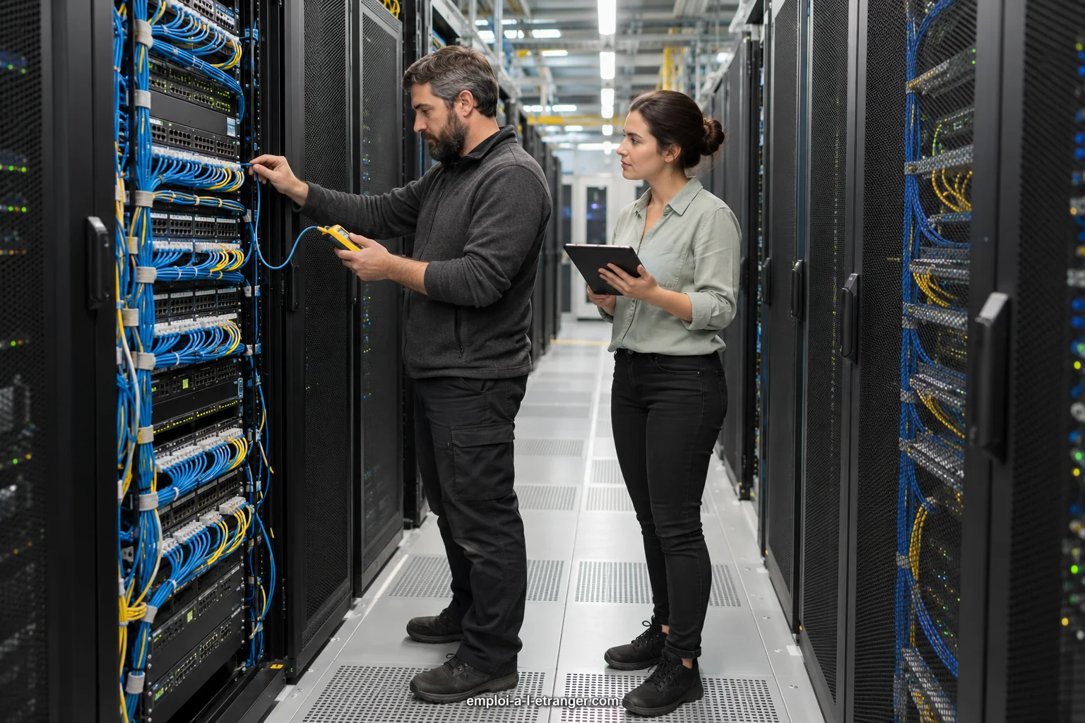 Systems administrator checking a cable in a server rack with a colleague.