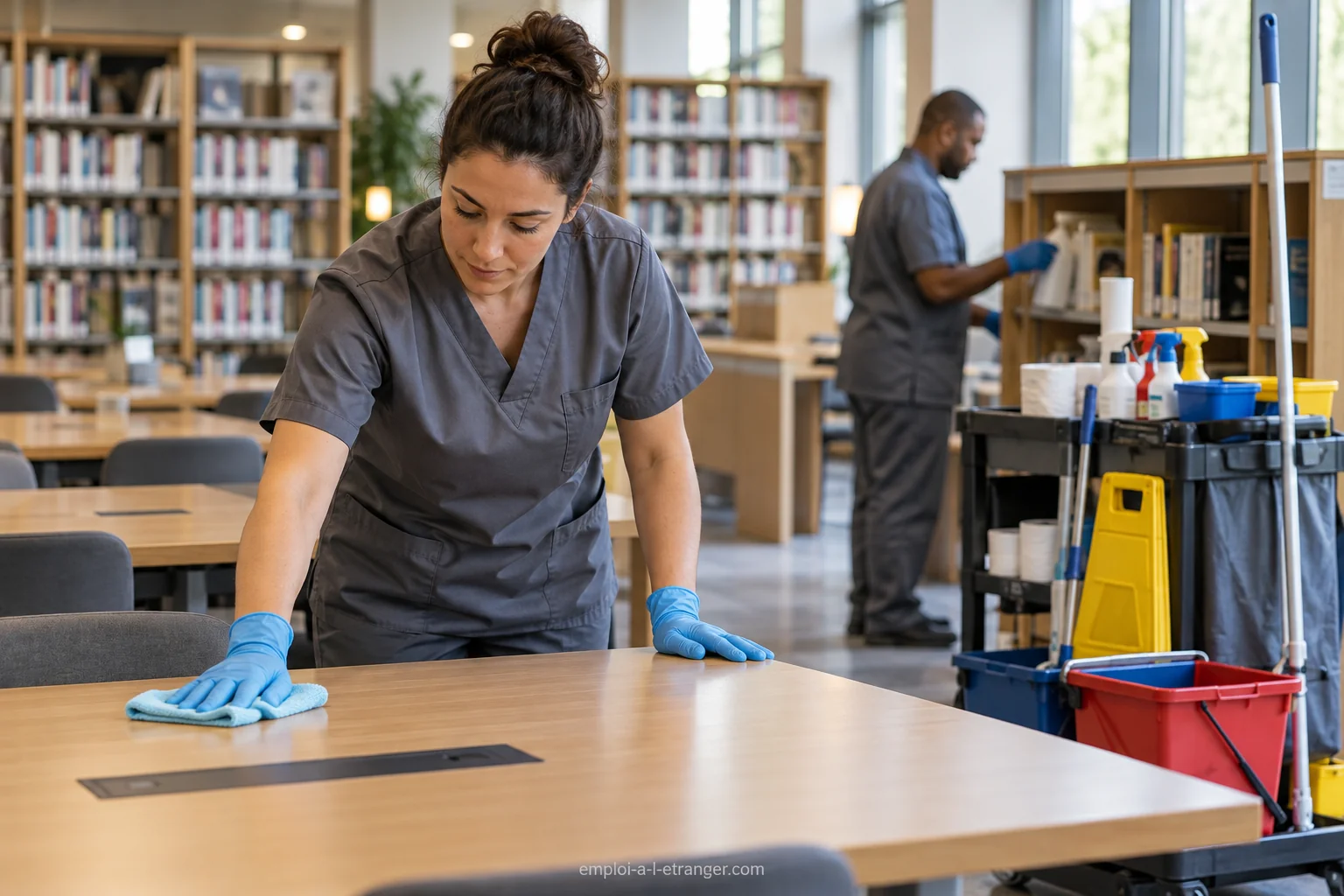 Agent d’entretien nettoyant une table de bibliothèque avec un chariot à proximité