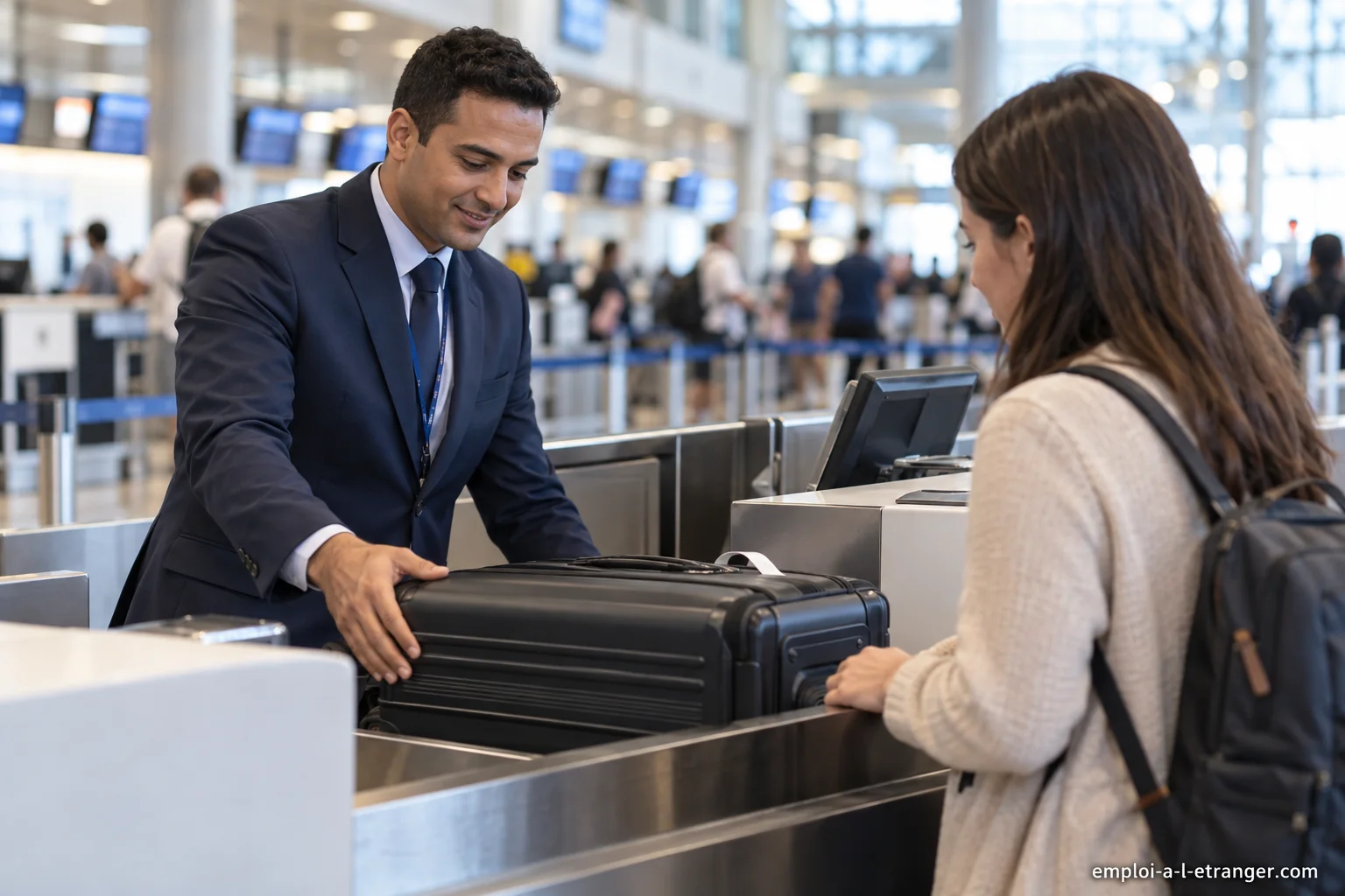 Airport passenger service agent assisting a traveller with her suitcase at check-in.