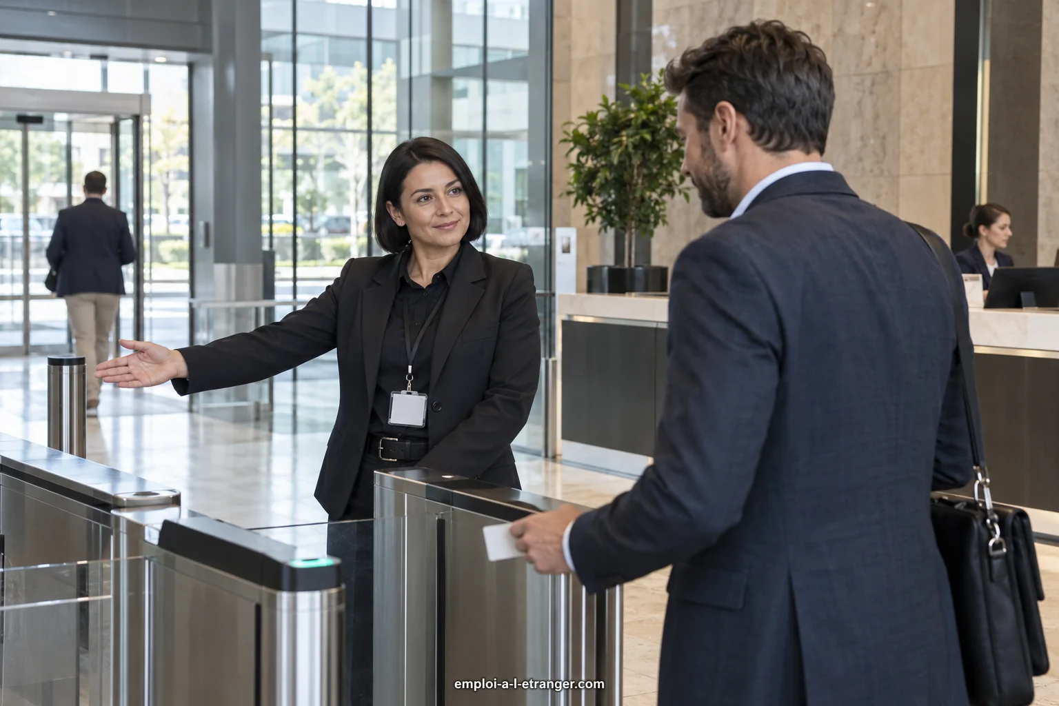 Private Sicherheitsmitarbeiterin begleitet einen Besucher an einer Zugangskontrolle.