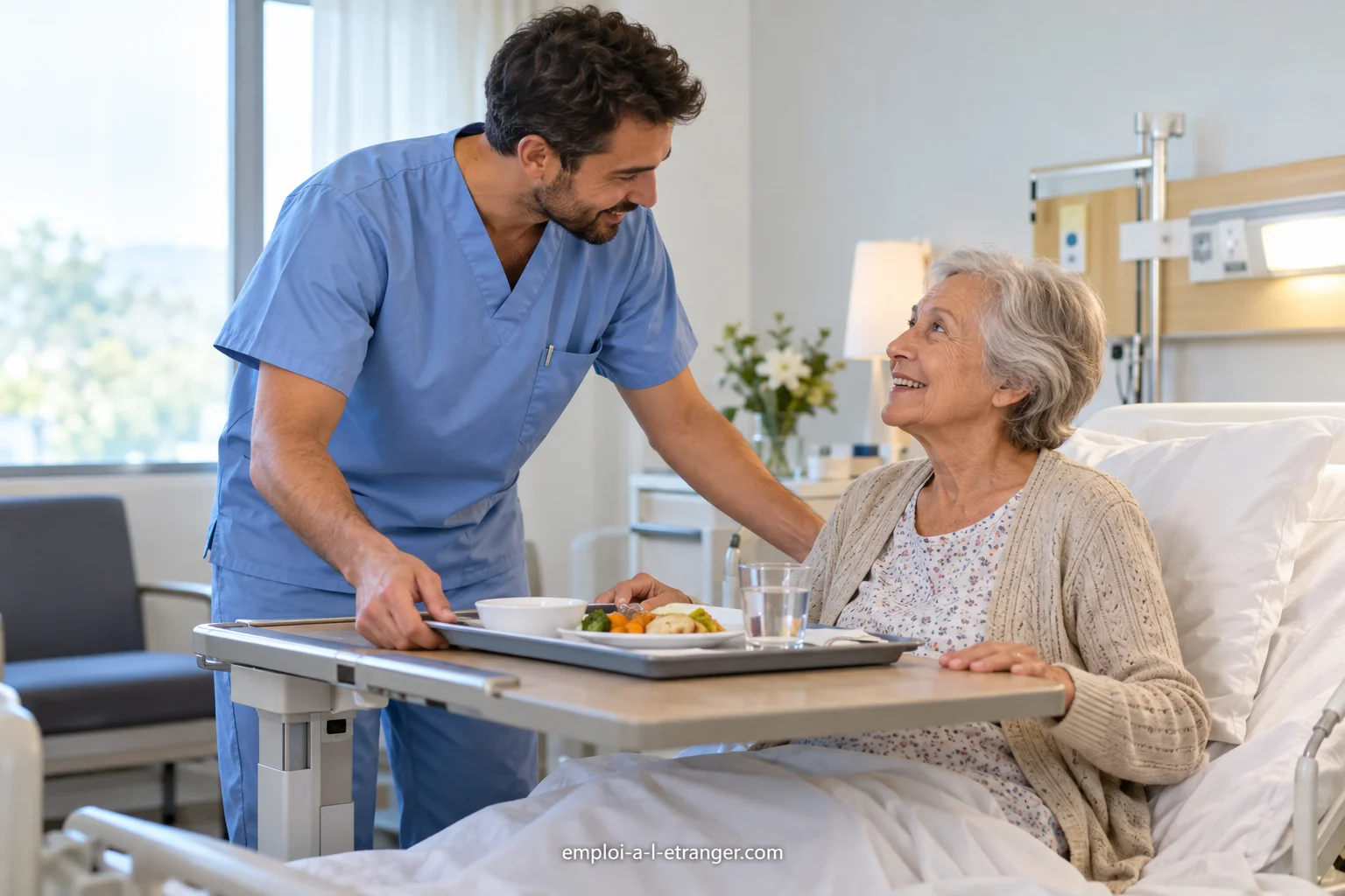 Aide-soignant présentant un plateau-repas à une patiente âgée assise dans son lit.