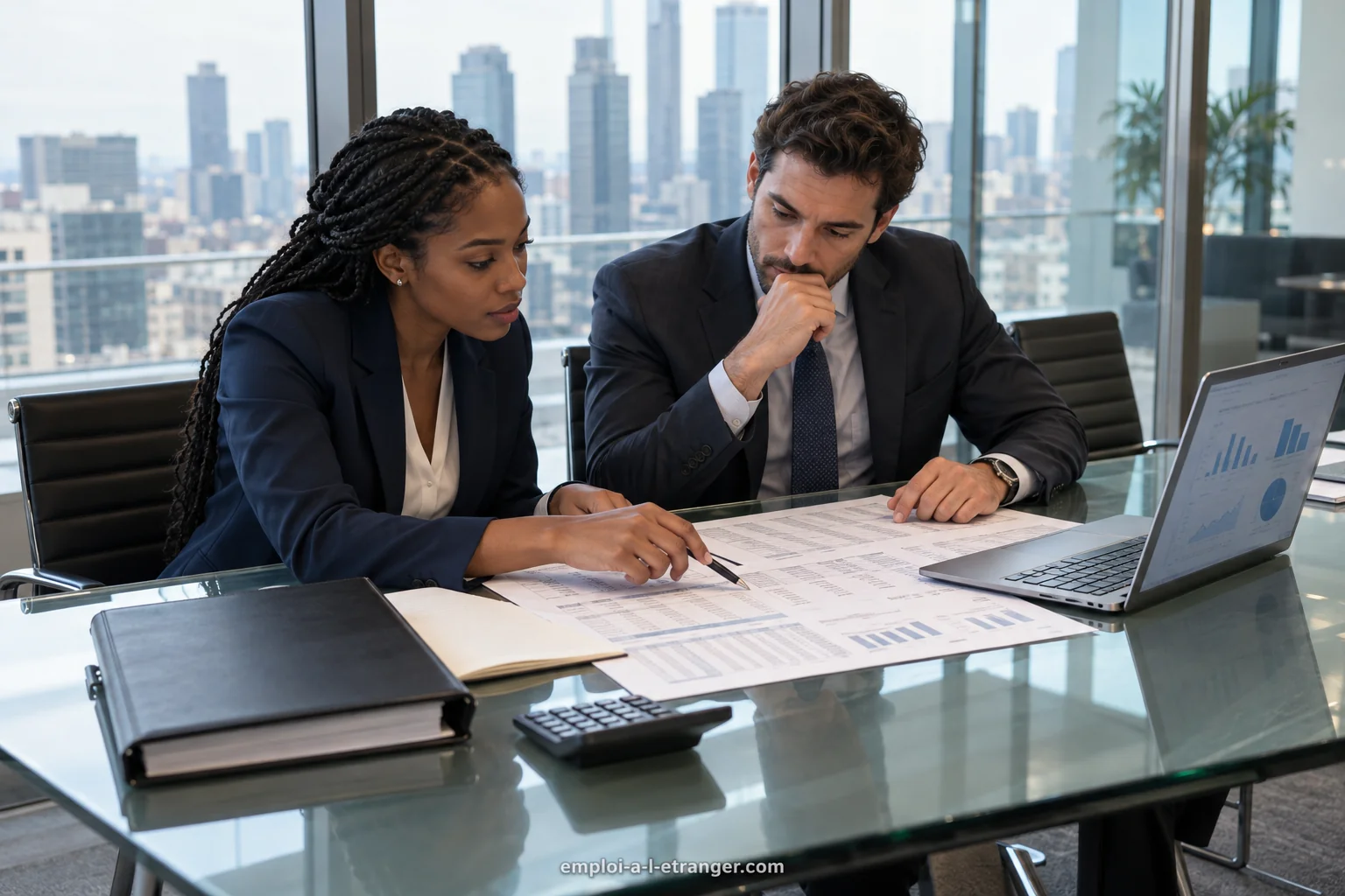 Investment banking analysts reviewing valuation tables during a meeting.