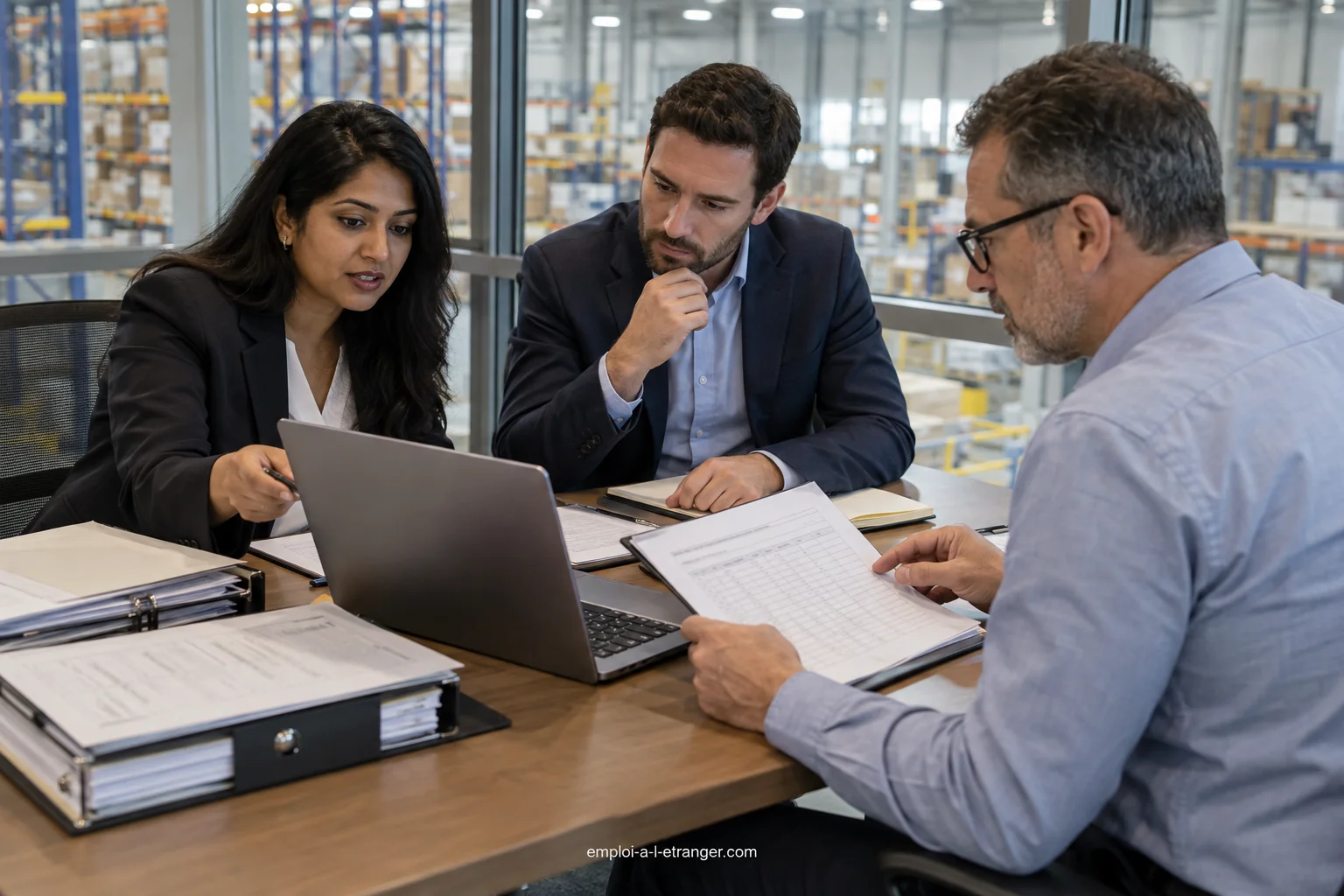Auditeurs vérifiant des pièces d’inventaire avec un responsable financier devant un entrepôt.
