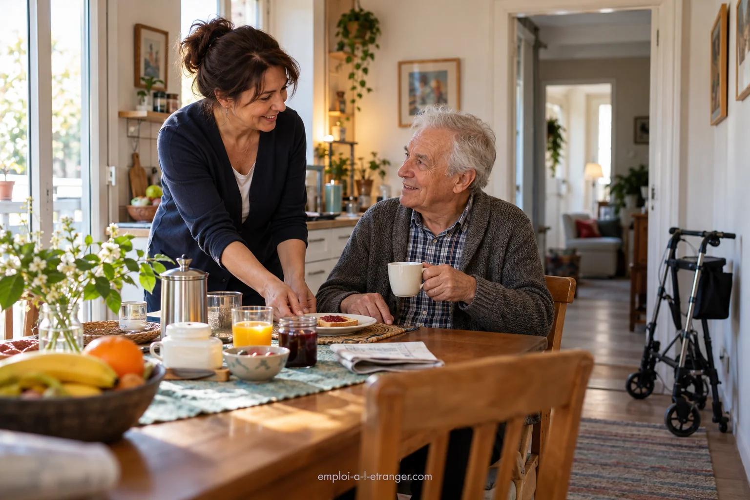 Care worker helping an elderly man prepare his breakfast at the kitchen table in his own home.