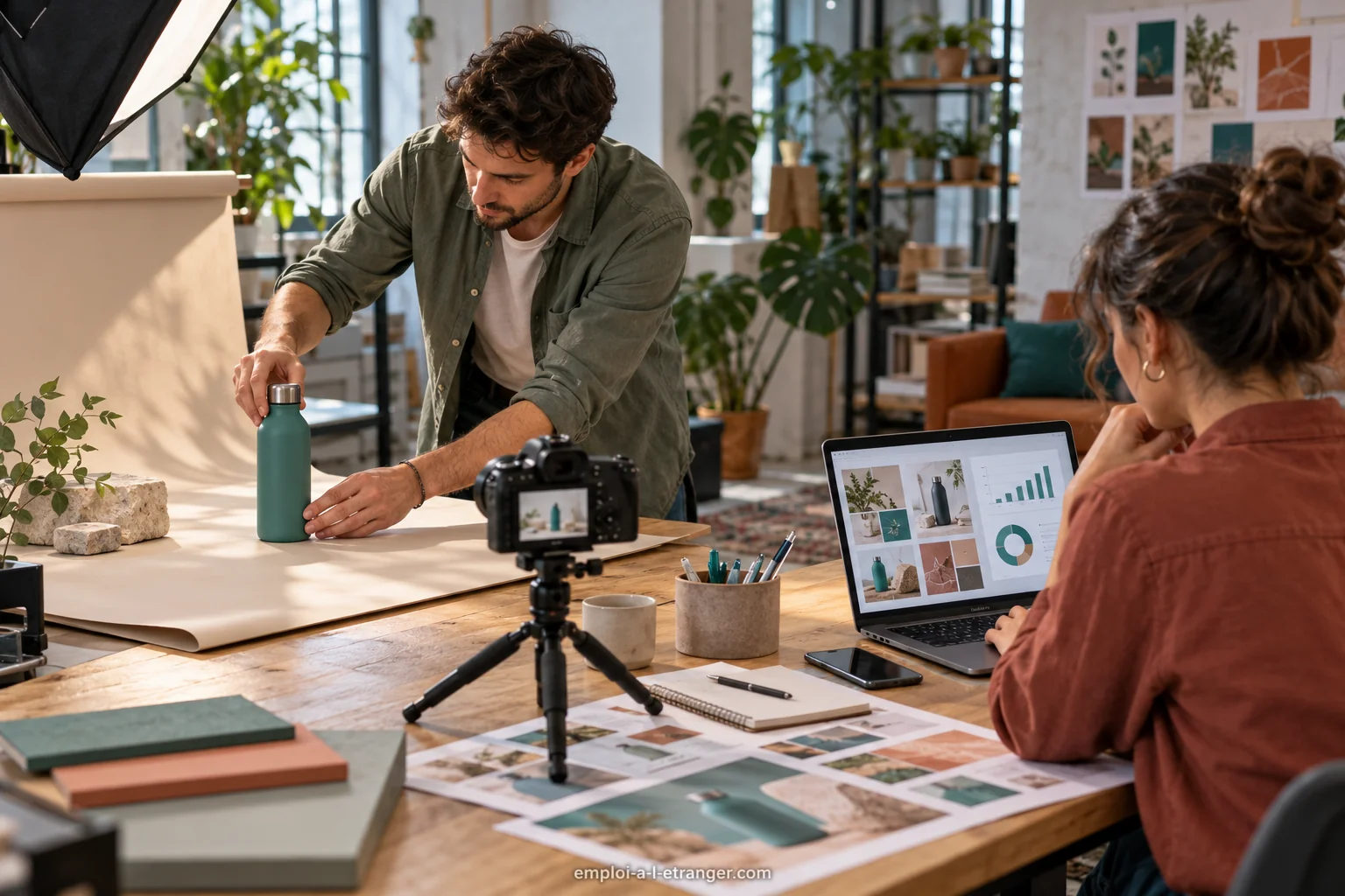 Équipe marketing préparant des visuels de produit et consultant les résultats d’une campagne.