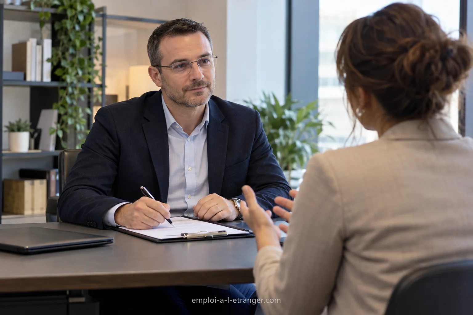 Recruiter hört einer Bewerberin im Vorstellungsgespräch zu.