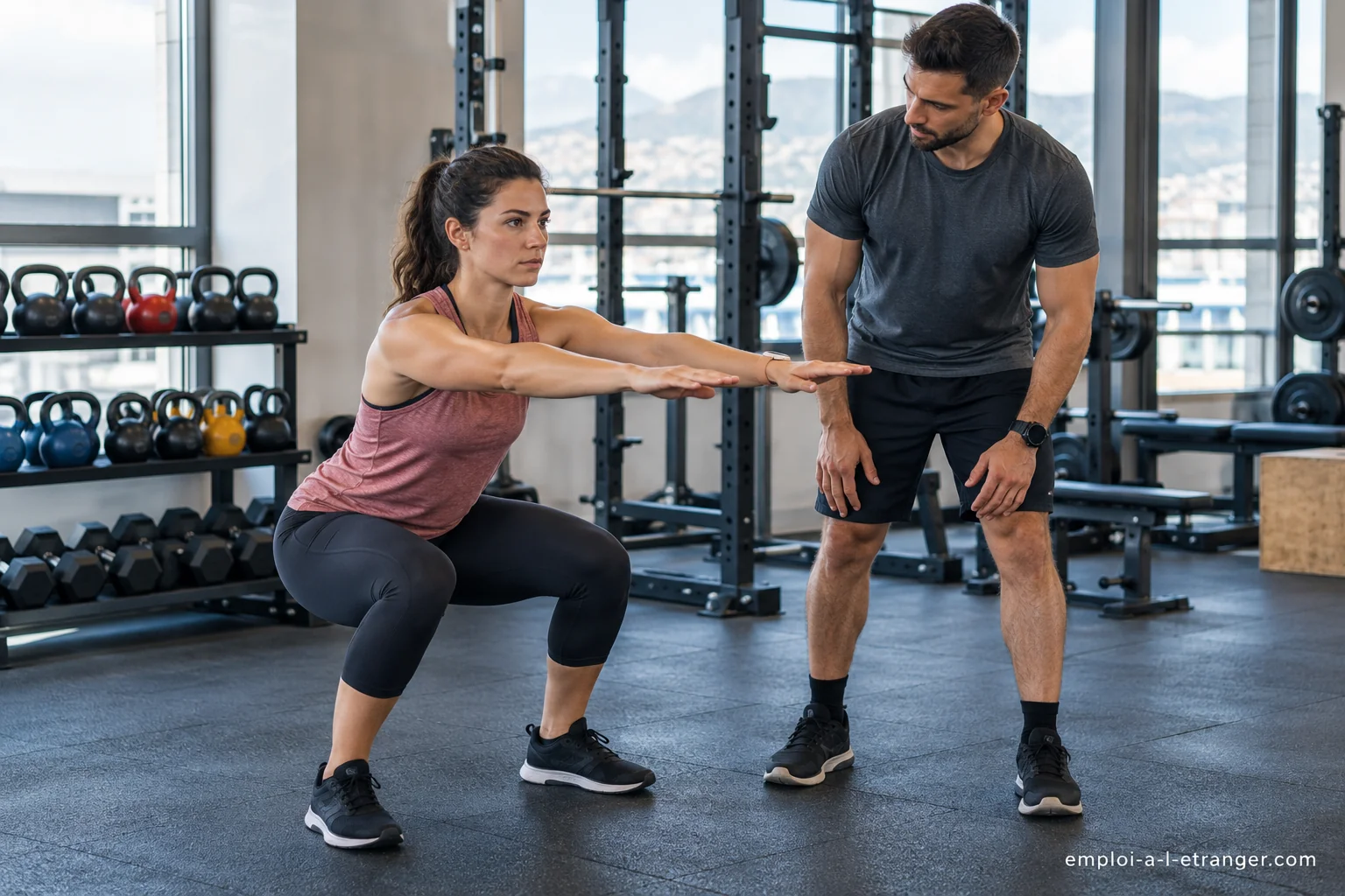 Fitnesstrainer beobachtet eine Kundin bei einer Kniebeuge im Studio.