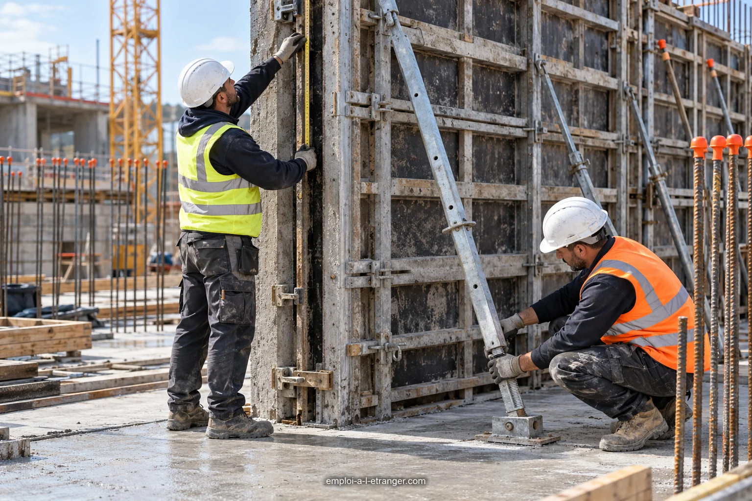 Deux coffreurs contrôlant une banche étayée avant le coulage du béton.