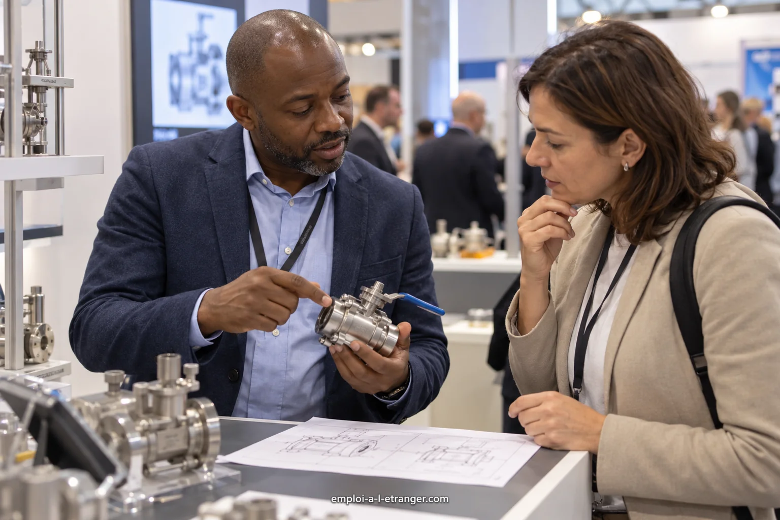 Sales representative presenting an industrial valve to a customer at a trade fair.