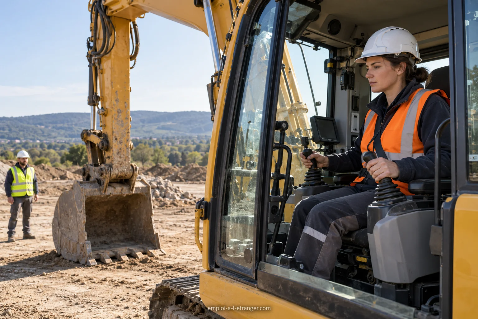 Female operator in the cab of a stationary excavator whose bucket is resting on the ground.