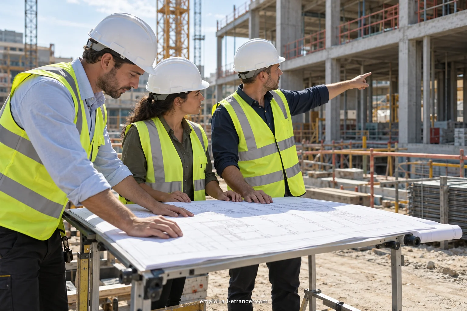 Construction manager gathering a team around a plan beside a structure under construction.