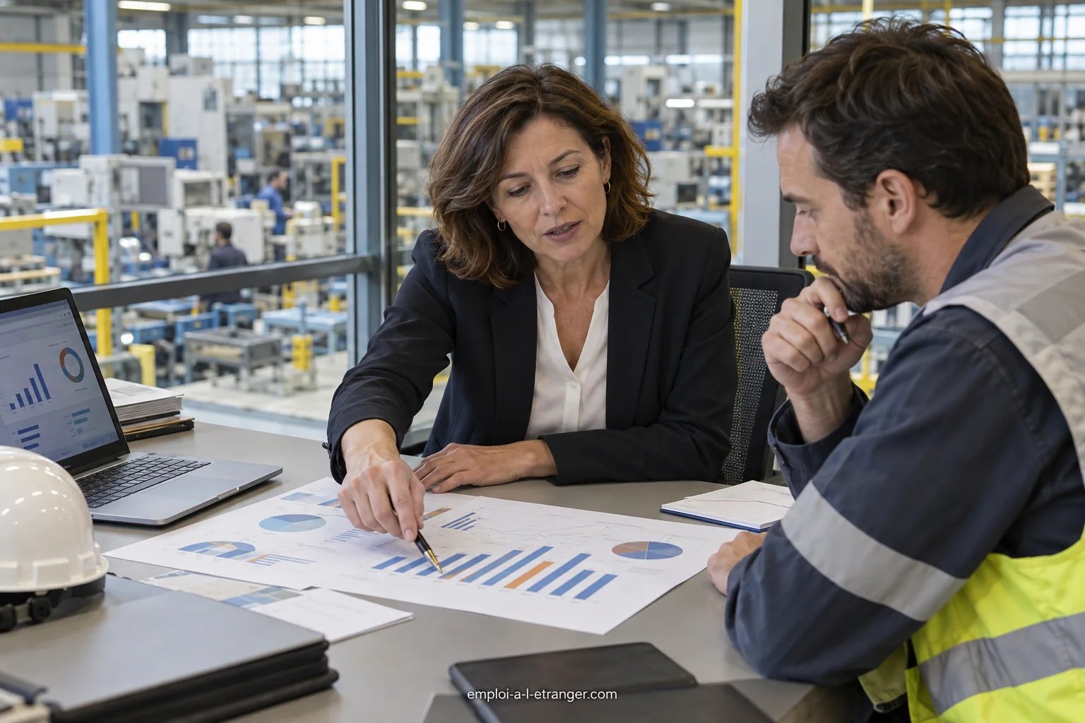 Contrôleuse de gestion examinant les coûts de production avec un responsable industriel.