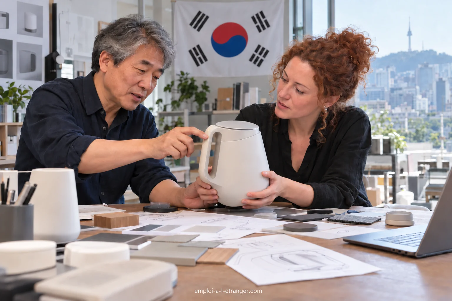 Two professionals designing a prototype in a studio.