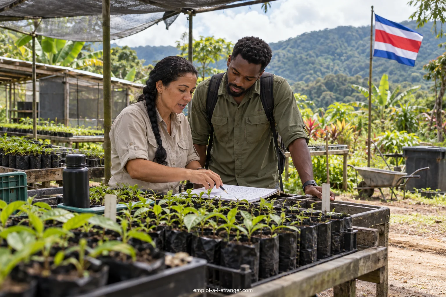 Équipe environnementale travaillant avec des plants et des fiches de suivi dans une pépinière.