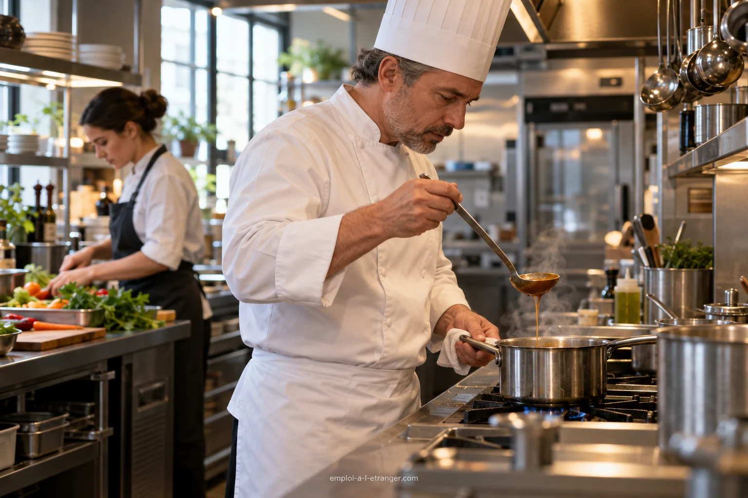 Küchenchef prüft mit einer Kelle eine Sauce während der Servicevorbereitung