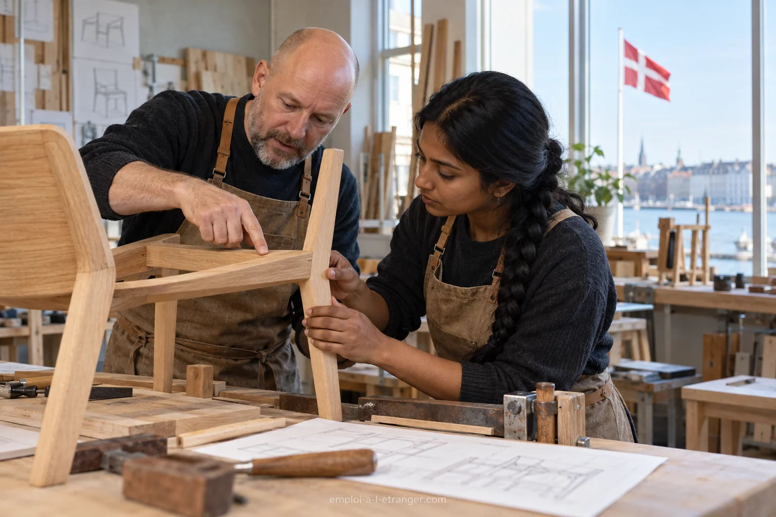 Two specialists checking the assembly of a chair in a furniture workshop.