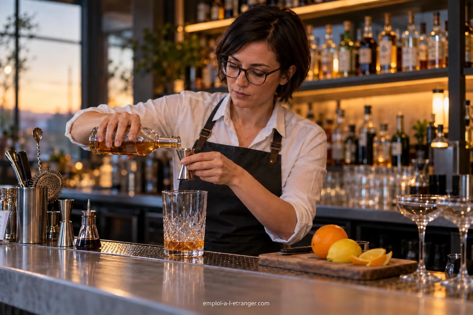 Barmaid mesurant un ingrédient dans un doseur pour préparer un cocktail.