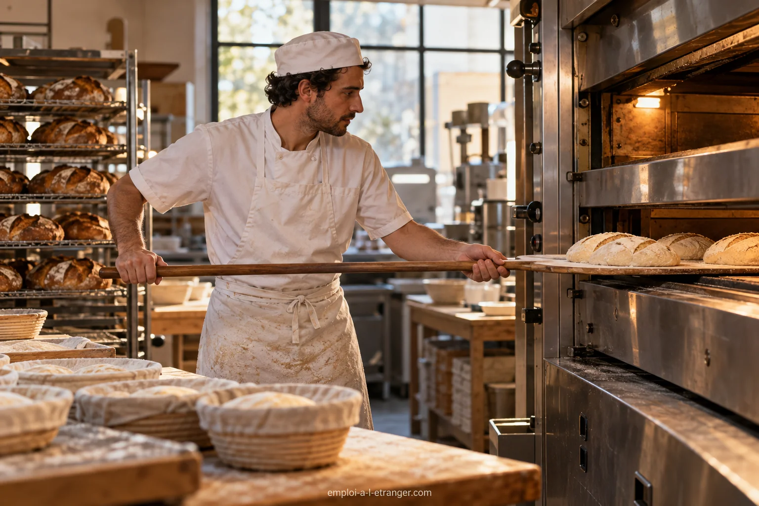 Baker placing loaves in a professional oven with a long peel