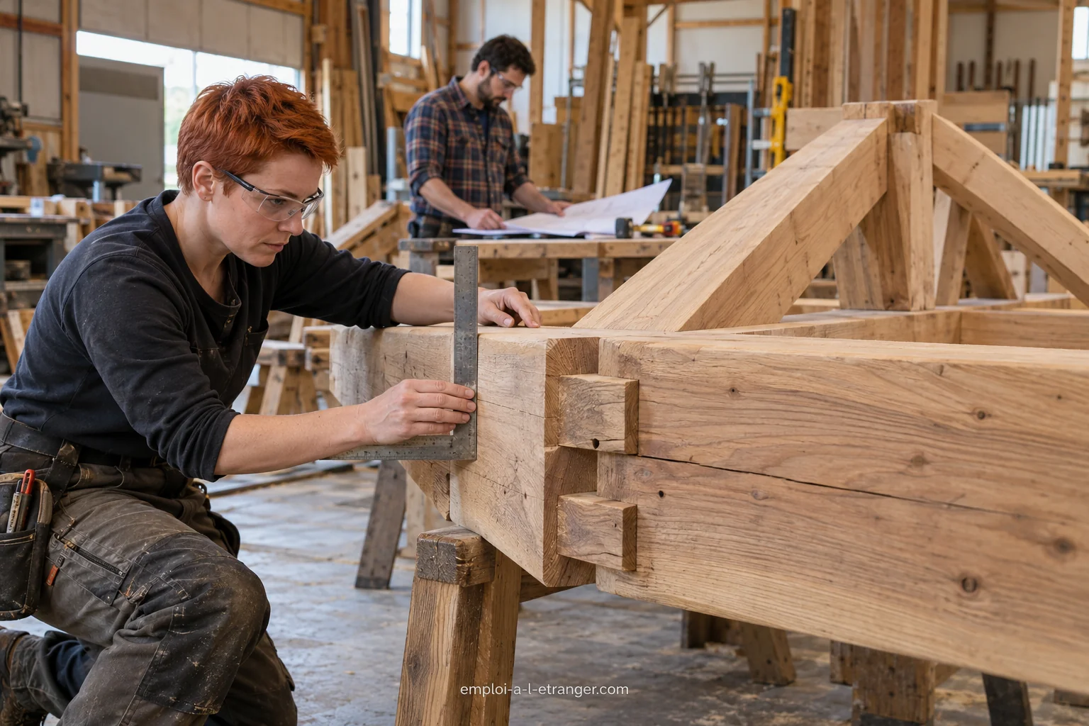 Carpenter checking a timber structure on trestles with a square.