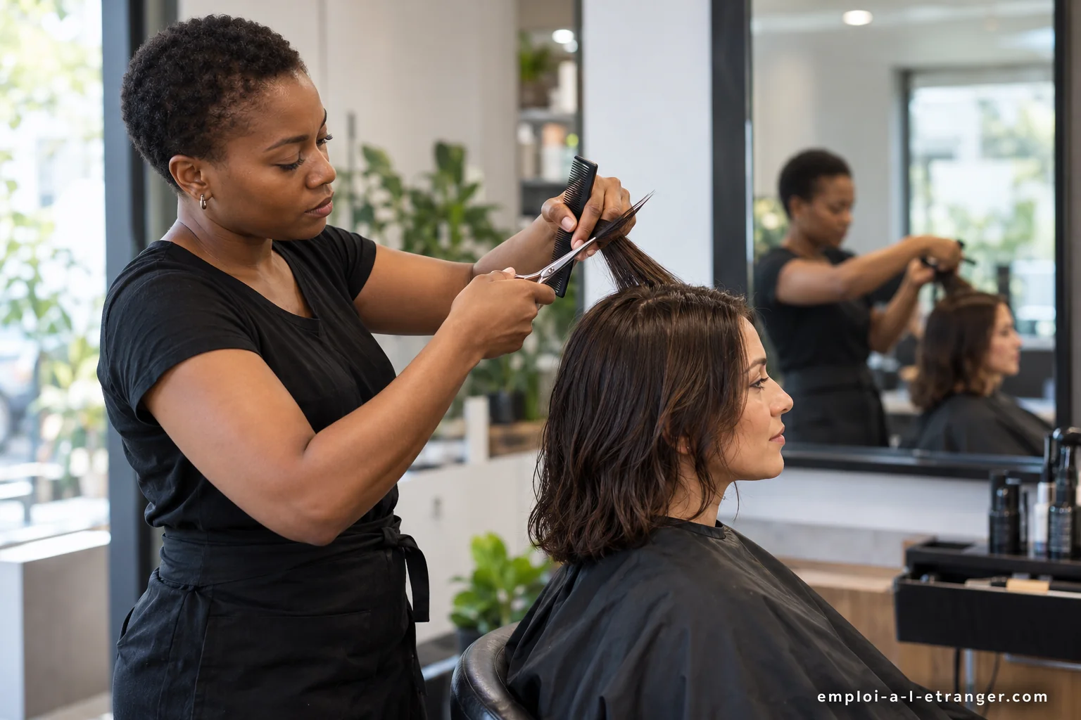 Coiffeuse travaillant une mèche avec un peigne et des ciseaux dans un salon de coiffure