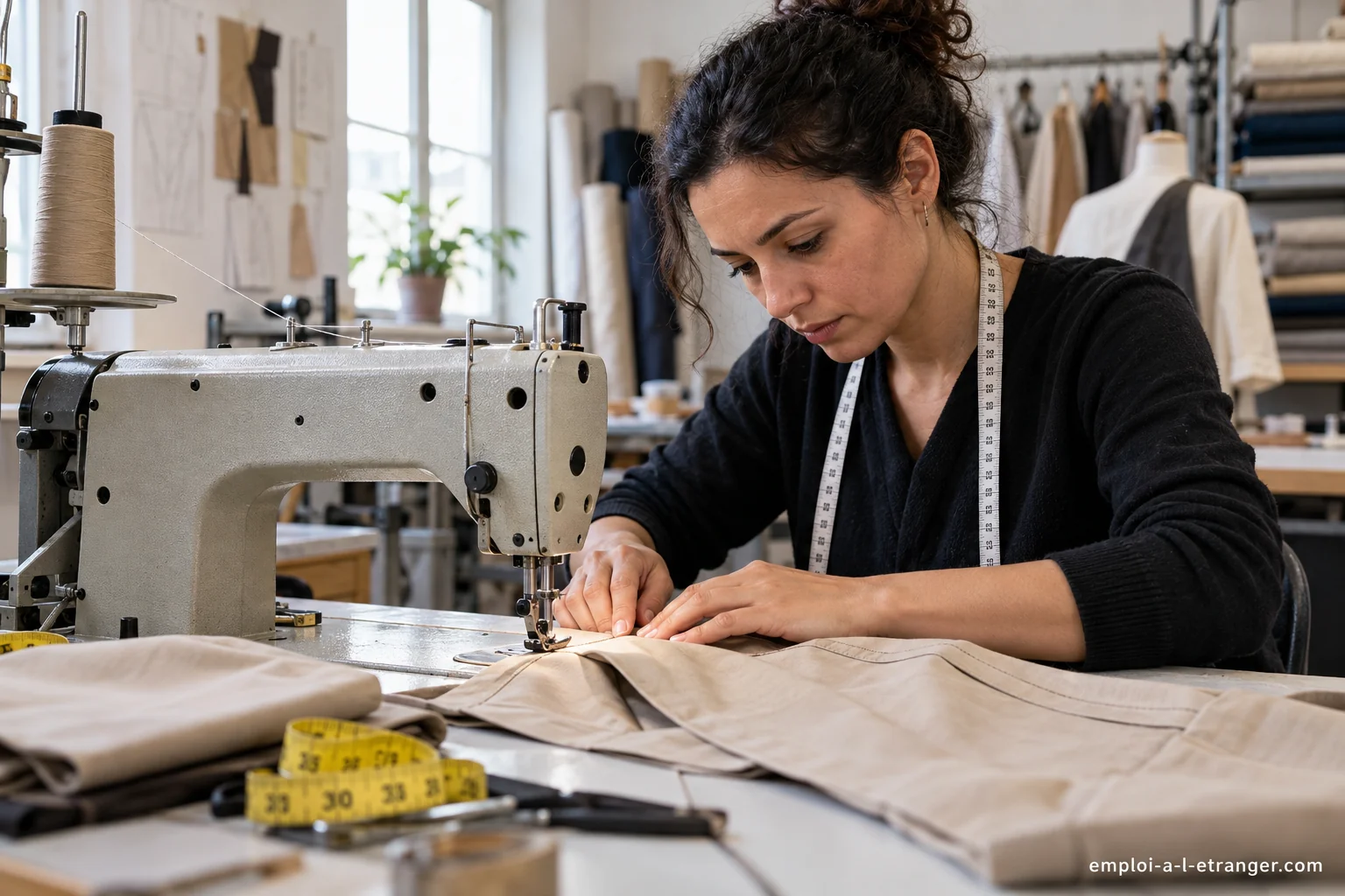 Dressmaker adjusting fabric on a worktable beside an industrial sewing machine.