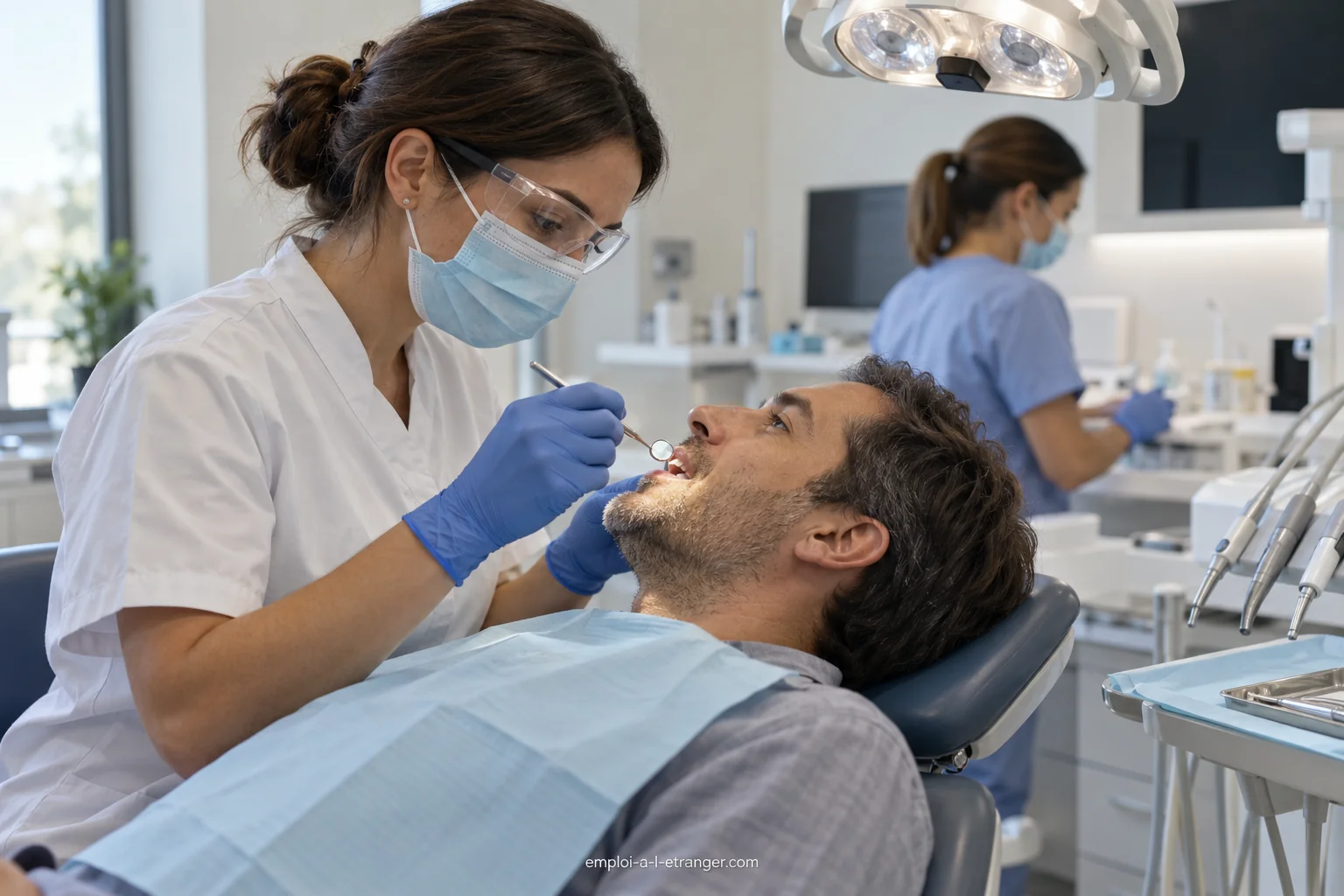 Dentist performing a mirror examination with an assistant in the background.