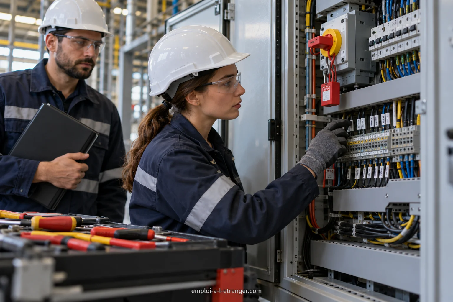 Electrician and colleague checking an isolated electrical cabinet.