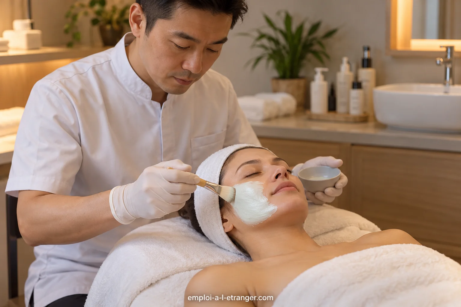 Professionnel de l’esthétique appliquant un masque au pinceau dans un espace de soins.