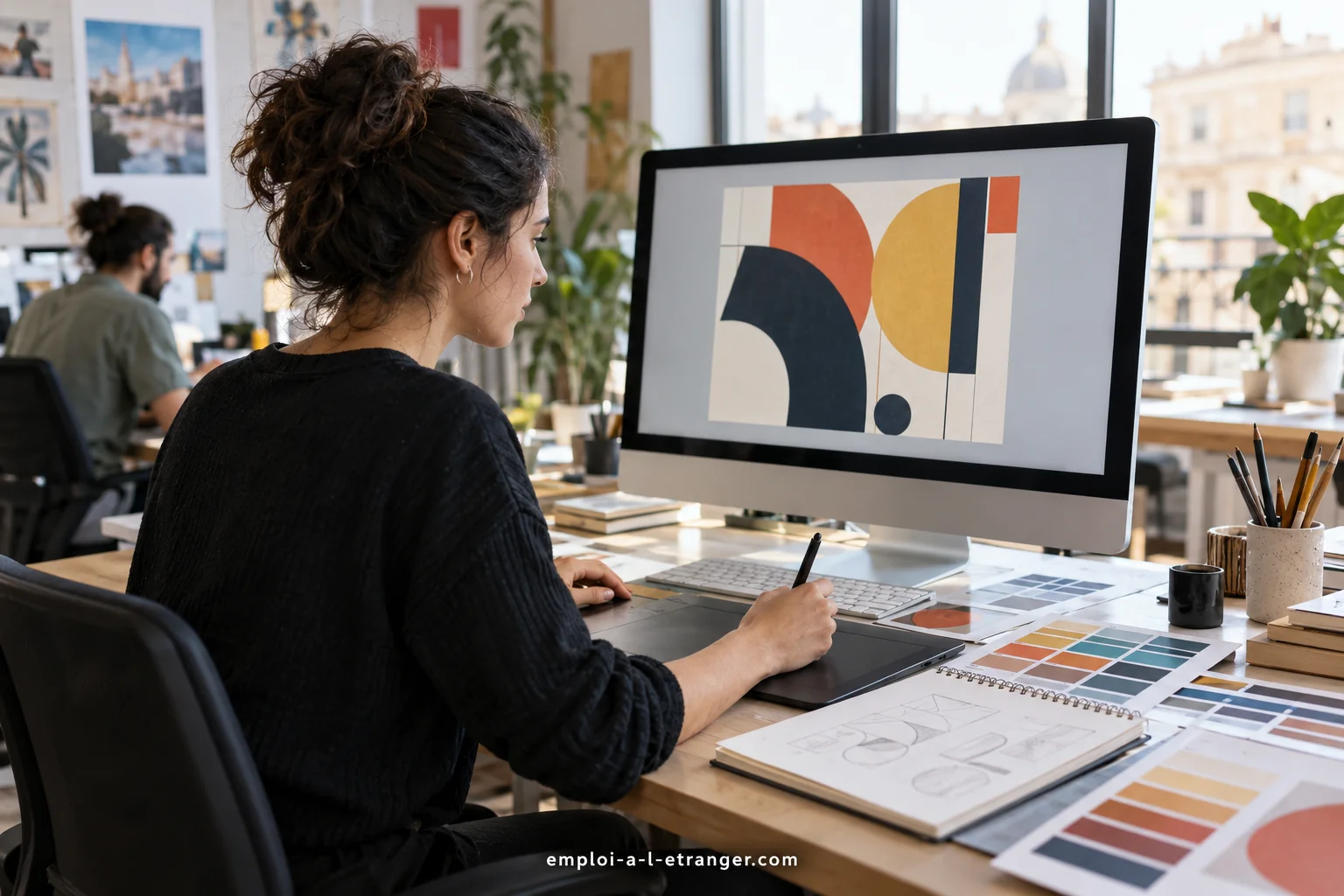 Graphic designer working on a geometric composition with colour samples and a graphics tablet.