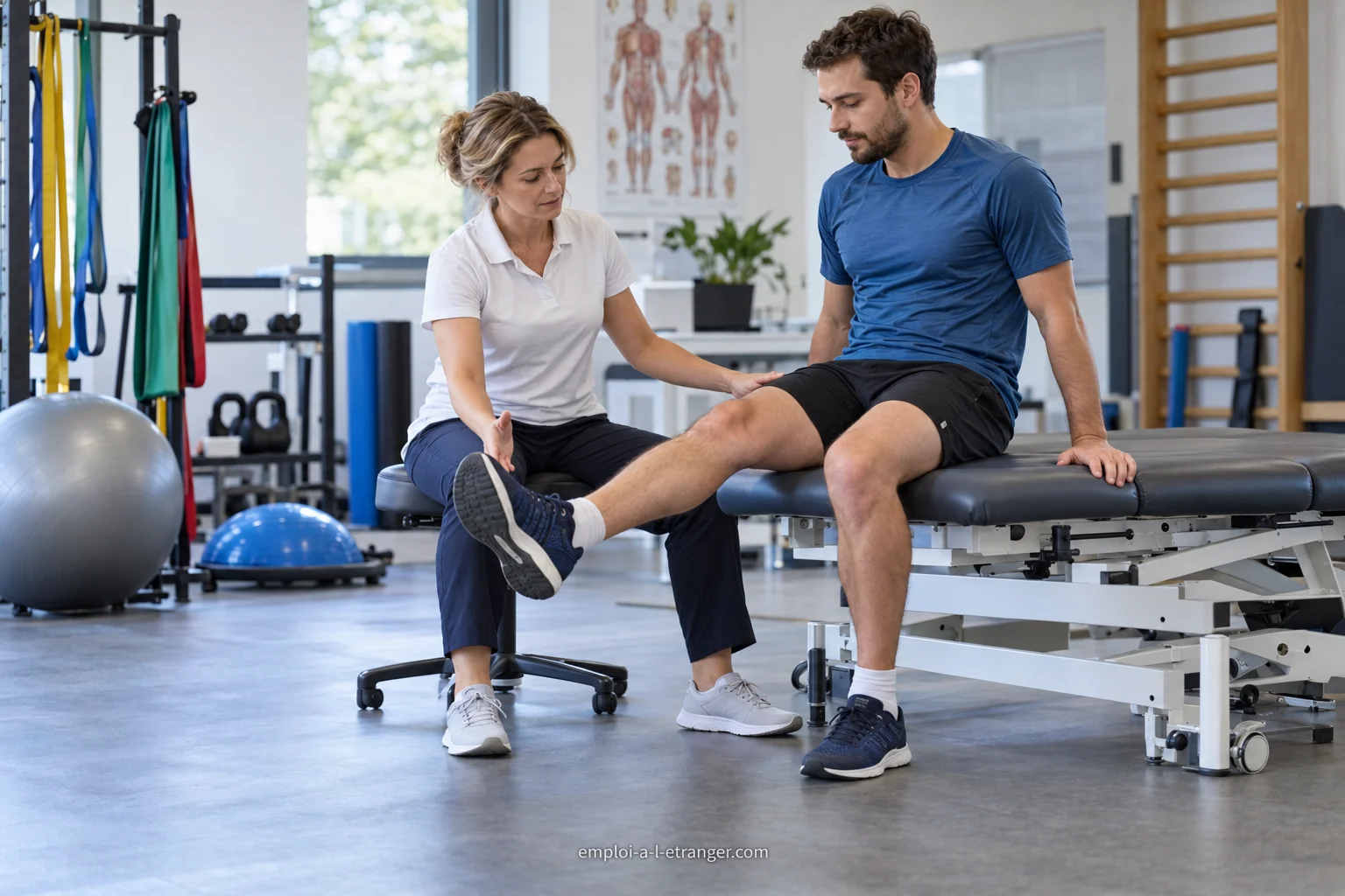Physiotherapist guiding a knee extension exercise in a rehabilitation room.
