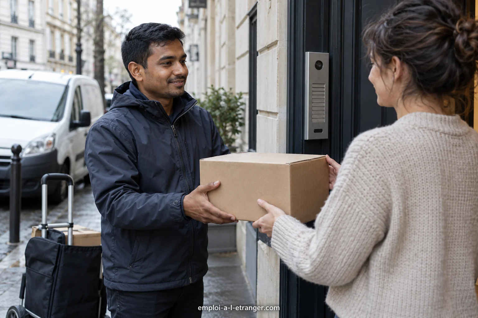 Livreur remettant un colis à une cliente devant la porte de son logement.