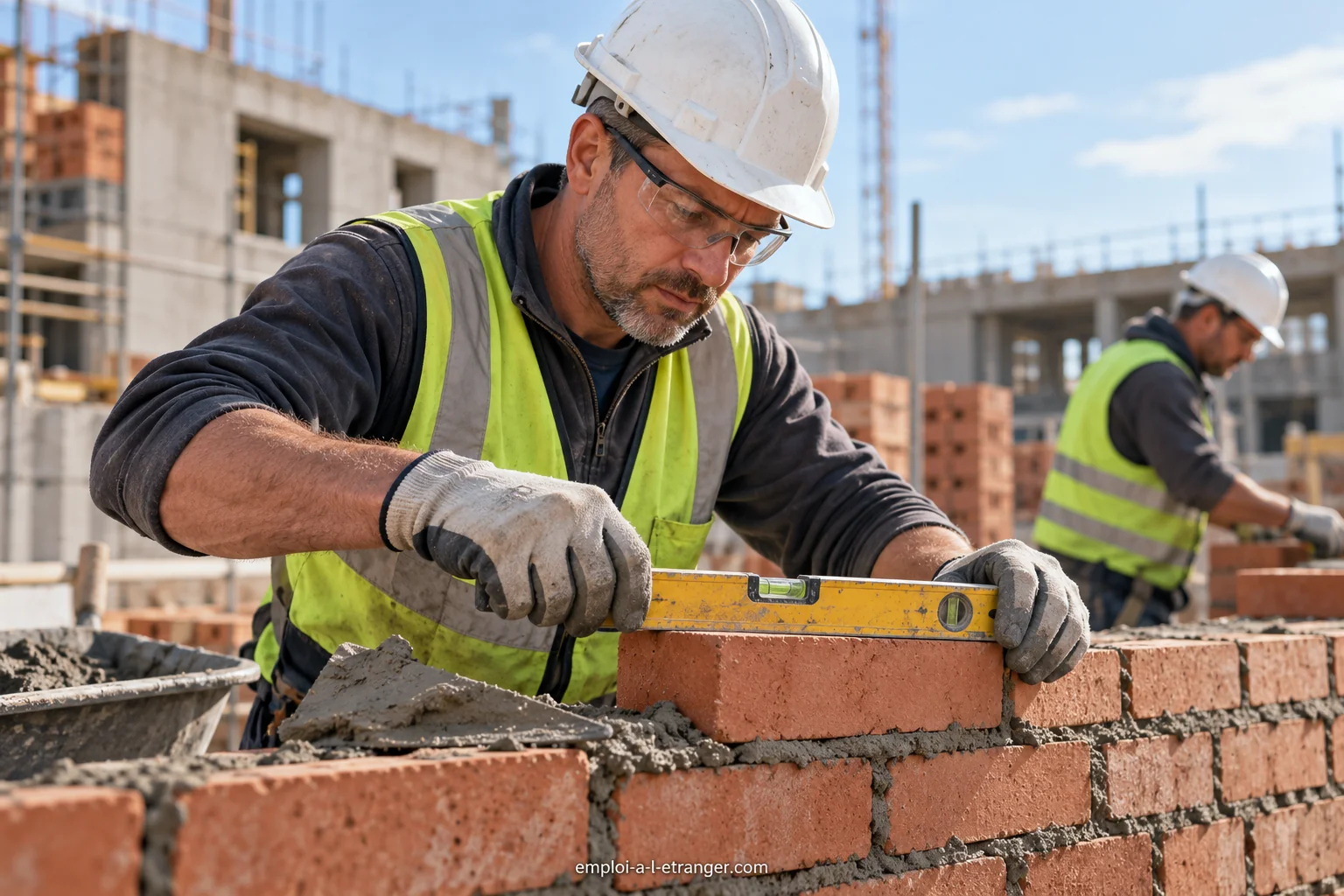 Maçon vérifiant une rangée de briques avec un niveau sur un chantier.