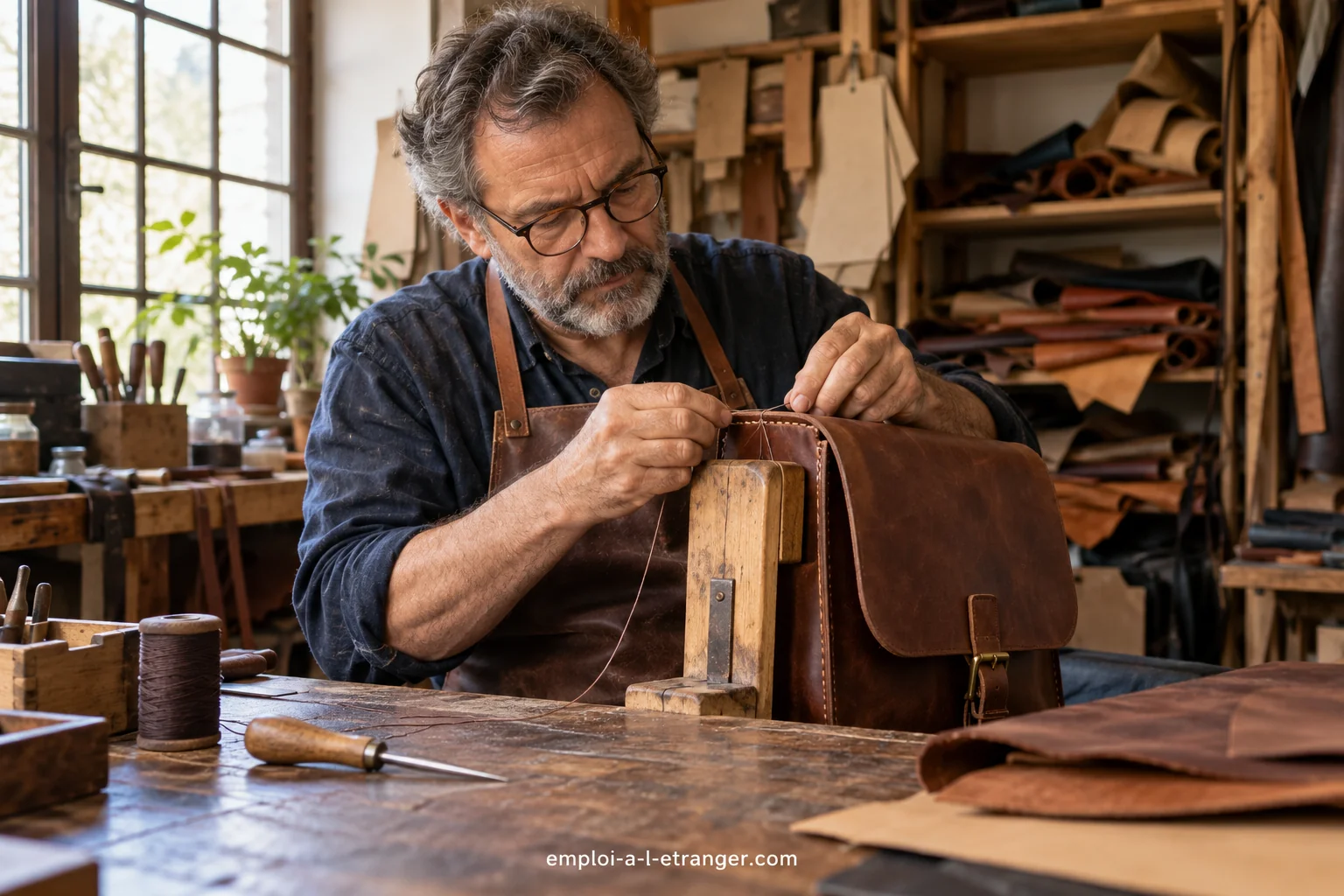 Lederhandwerker näht eine Ledertasche von Hand in einer Werkstatt.