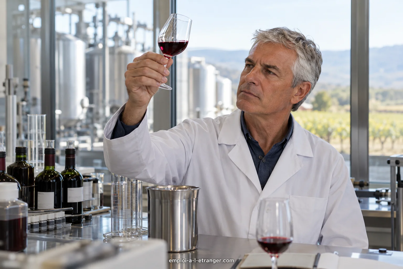 Œnologue observant la couleur d’un échantillon dans un laboratoire vinicole.
