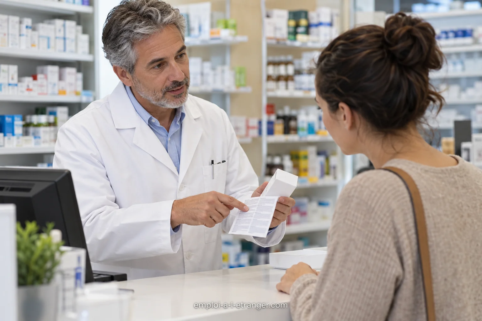 Apotheker erklärt einer Kundin einen Beipackzettel am Tresen.