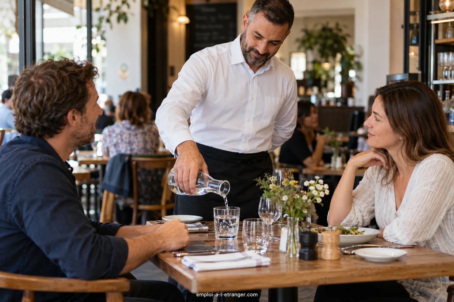 Serveur versant de l’eau à une table de restaurant pendant le service.