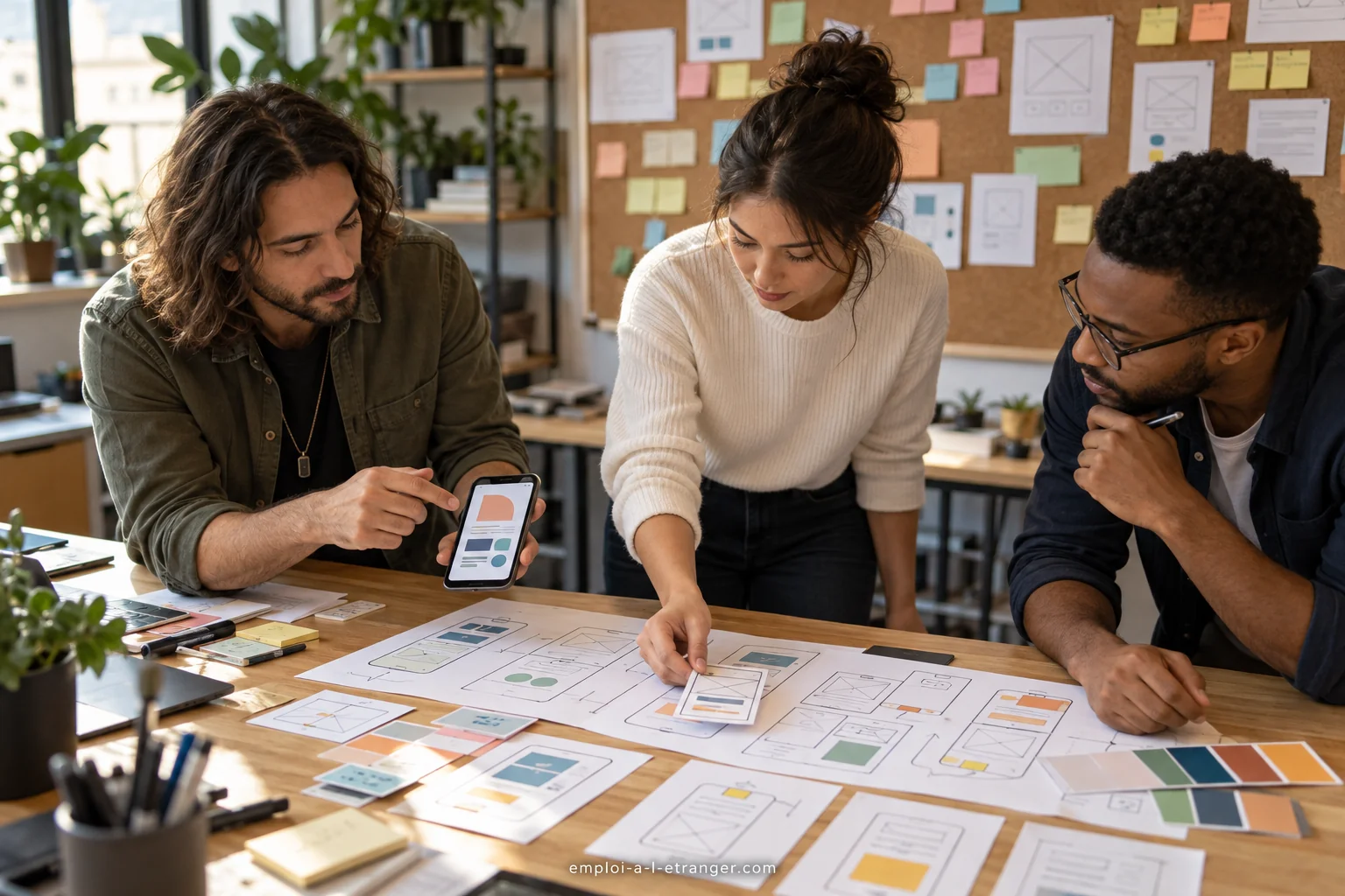 Équipe UX/UI comparant des maquettes papier et un prototype mobile dans un studio.