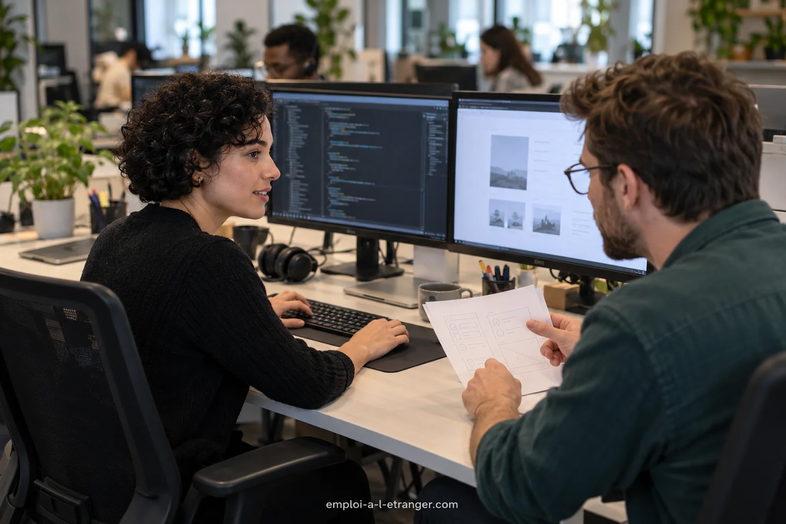 Developer and colleague discussing a website mock-up beside code and its preview.